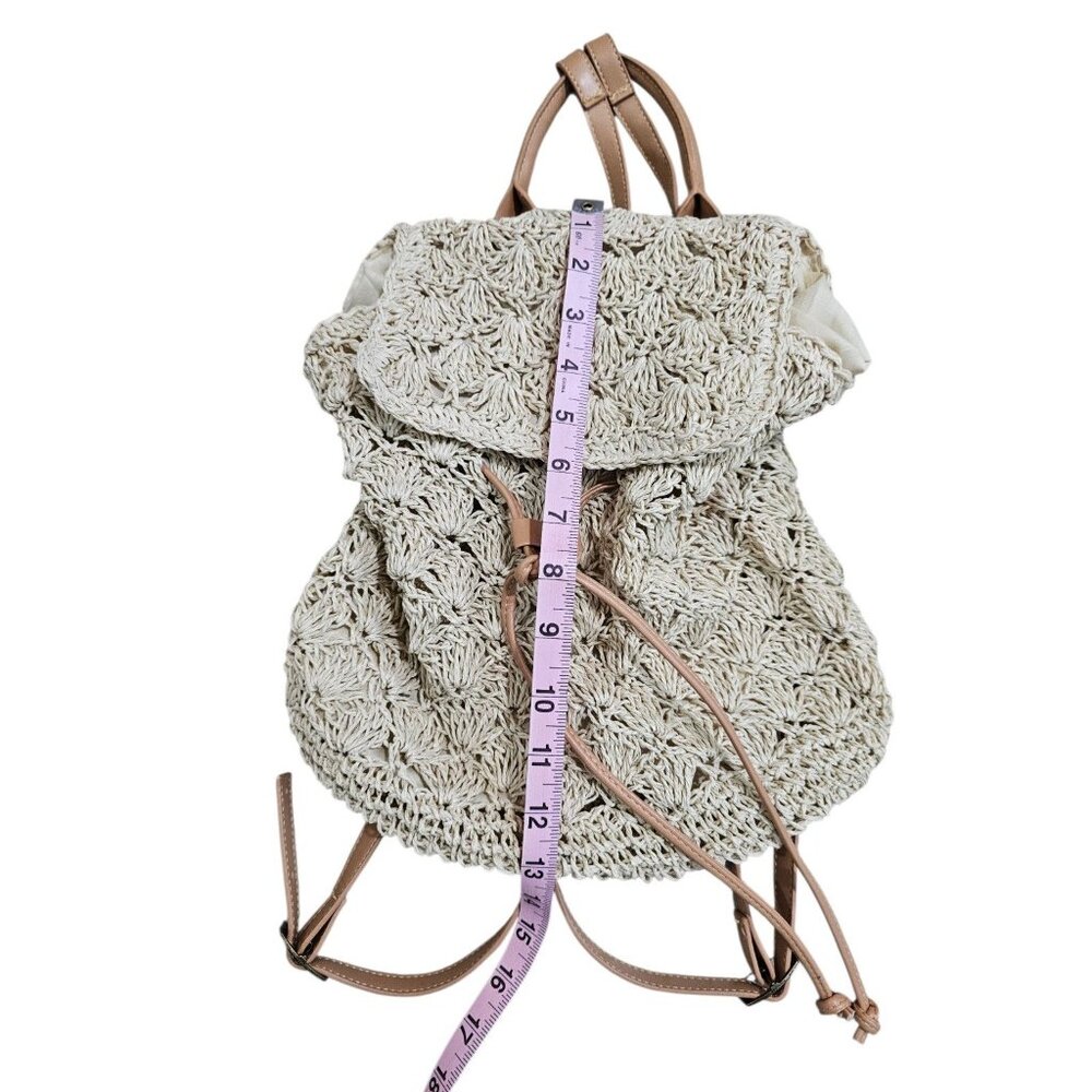 Woven Straw Crochet Backpack Beige Boho Drawstring Lined Summer Festival Bag - Picture 5 of 7